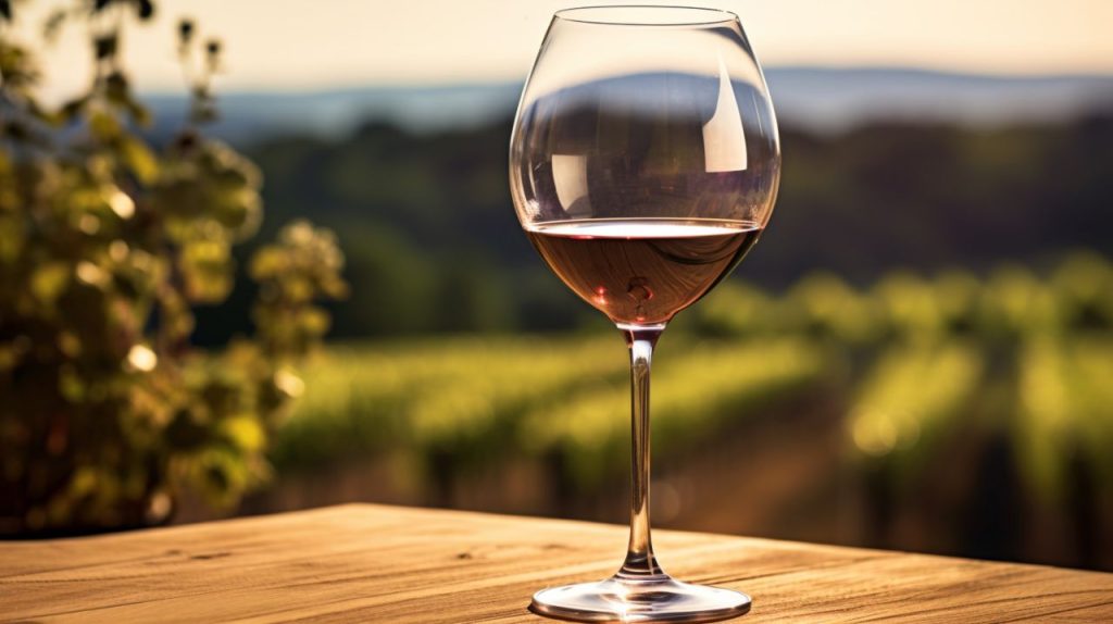 Casa vina Pinot Grigio na suncu sa vinogradom u pozadini